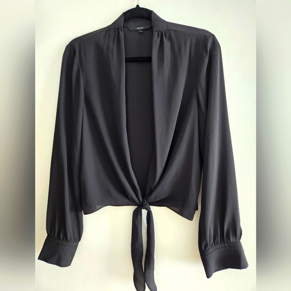 Cropped long sleeve v neck tie waist sheer blouse - Picture 1 of 2